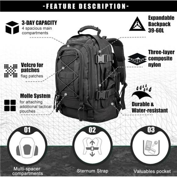 Tactical Military Backpack Molle 3 Day Pack Hiking Camping Travel Black - Picture 4 of 7